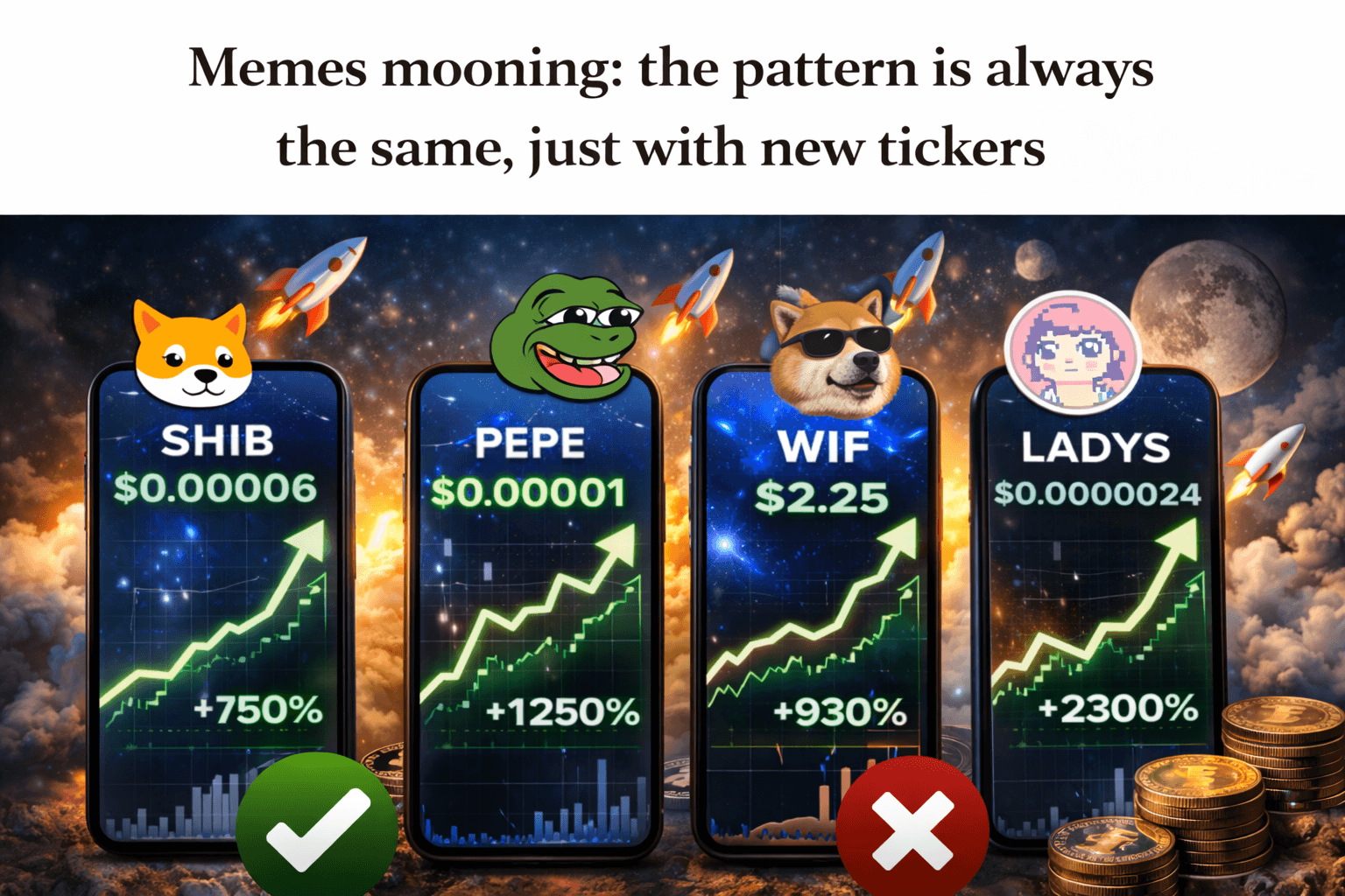 Memes mooning the pattern is always the same, just with new tickers