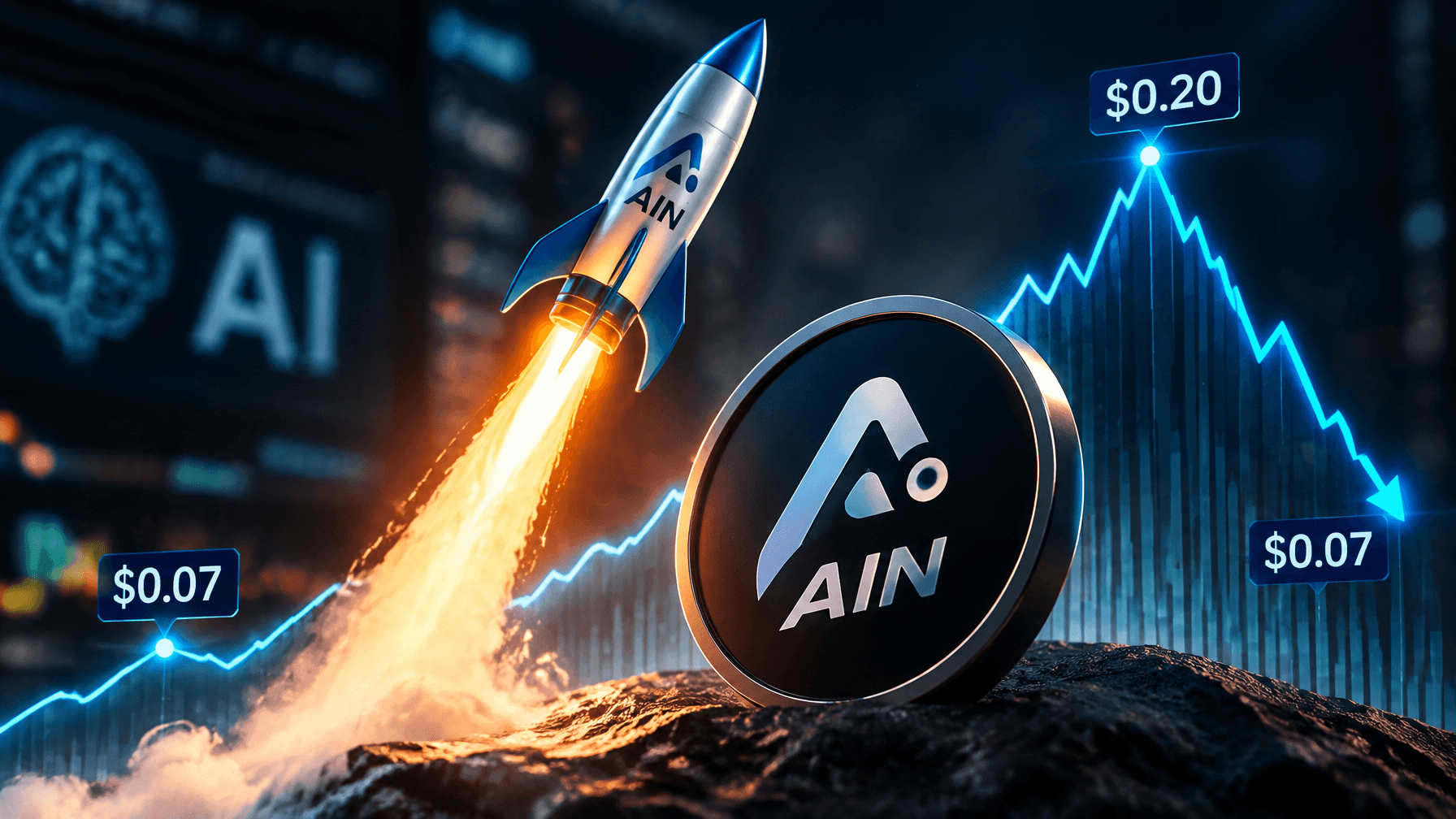 AIN rockets from roughly $0.07 toward $0.20—then round-trips the entire move